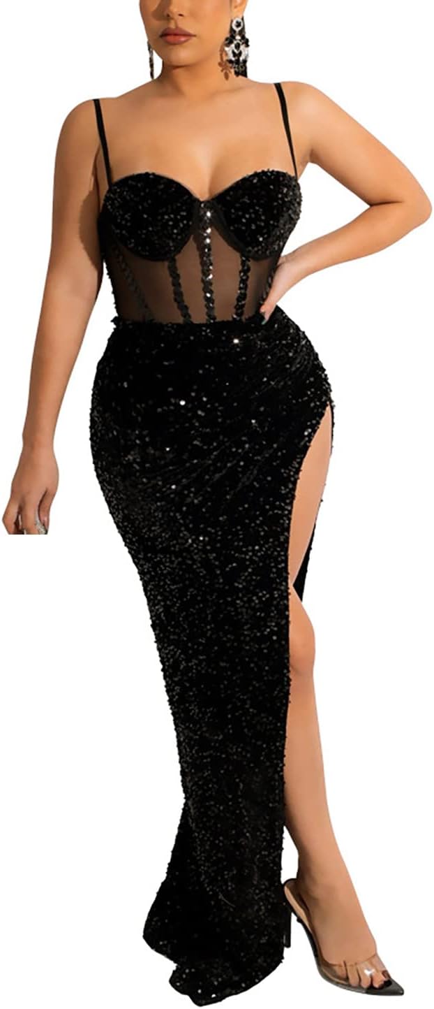 EM Spaghetti Strap V Neck Mesh See Through Gown - ShopEbonyMonique