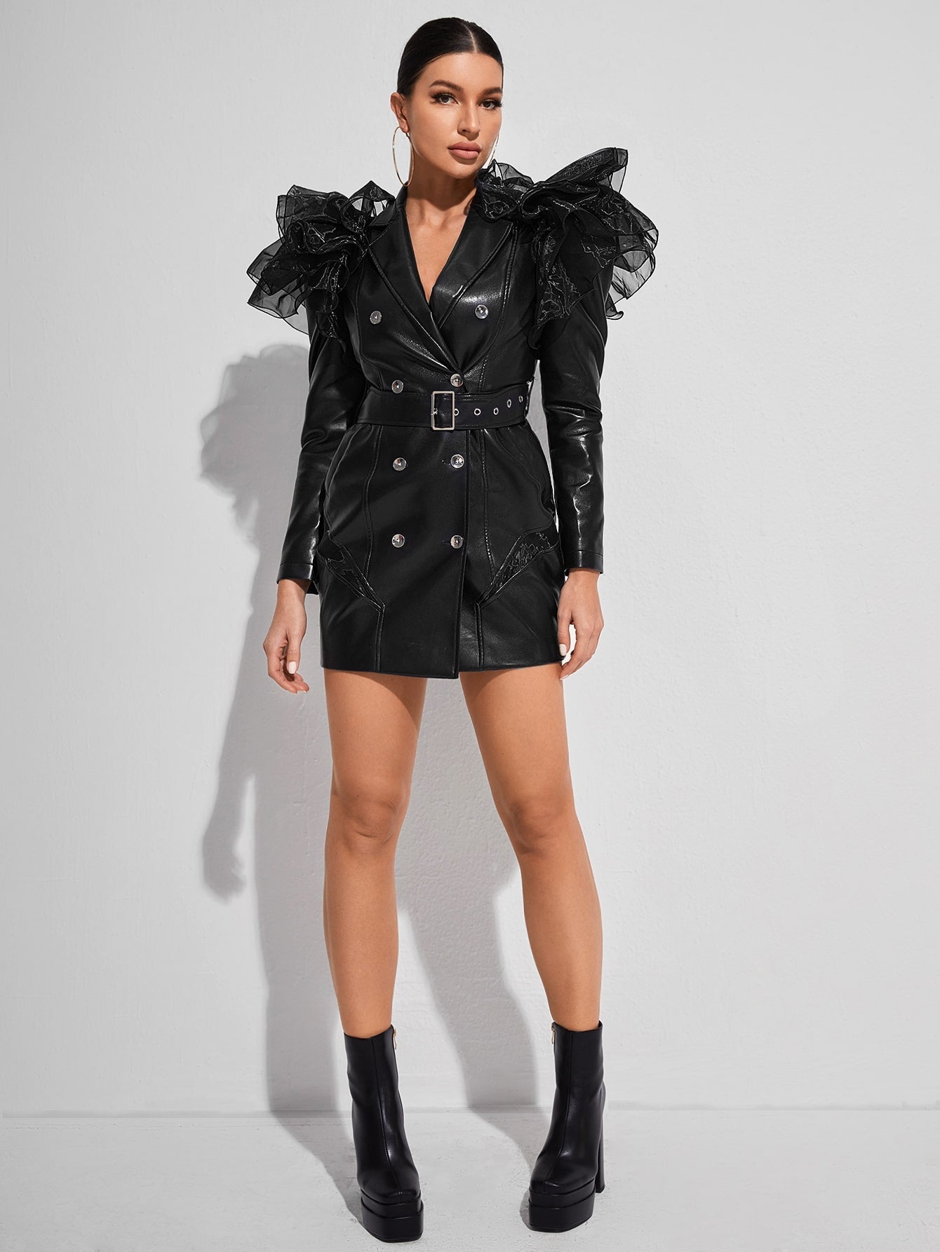 Exaggerated Ruffle Double Button Belted Blazer Dress - ShopEbonyMonique