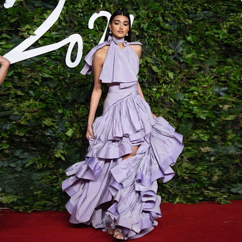 Fashion Satin Long Evening Dresses Lush Ruffles Tiered Formal Party Dress - ShopEbonyMonique