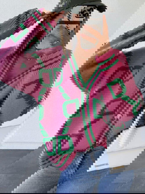 Geometric Dropped Shoulder Button Down Cardigan - ShopEbonyMonique