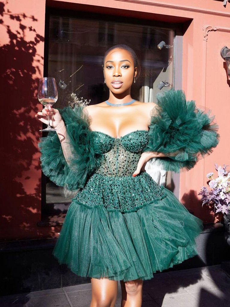 Illusion Beading Short Sleeve Sequins Evening Gown - ShopEbonyMonique