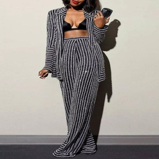 Ladies Thin Striped 2 Piece Set - ShopEbonyMonique