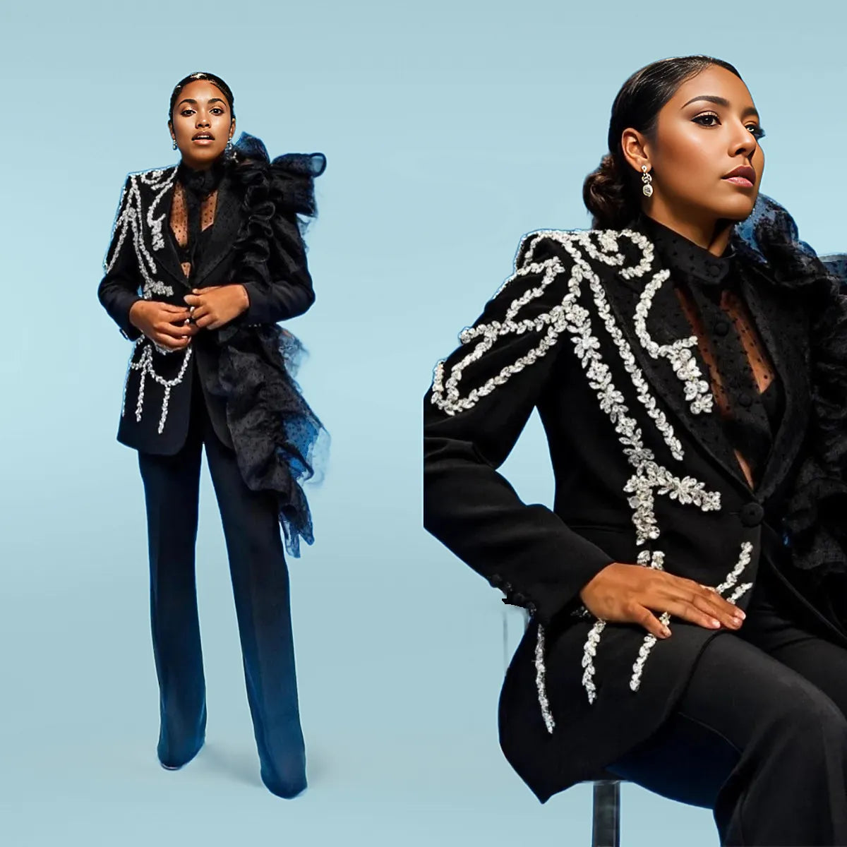 Luxury Blazer+Straight Pants 2 Pieces Crystal Tulle Set - ShopEbonyMonique
