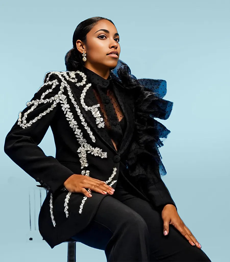 Luxury Blazer+Straight Pants 2 Pieces Crystal Tulle Set - ShopEbonyMonique