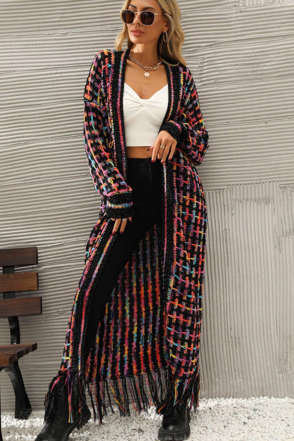 Multicolored Open Front Fringe Hem Cardigan - ShopEbonyMonique
