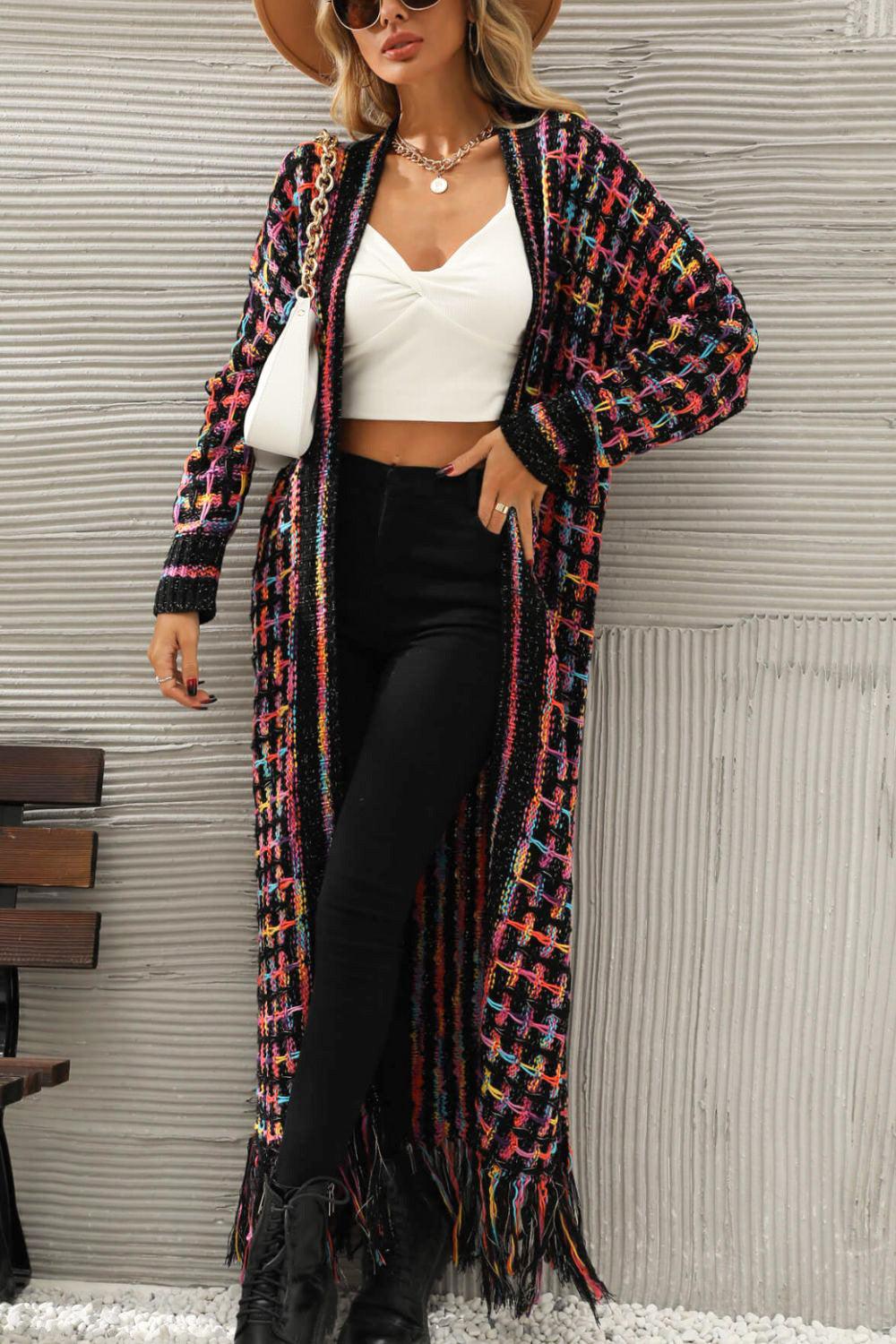Multicolored Open Front Fringe Hem Cardigan - ShopEbonyMonique