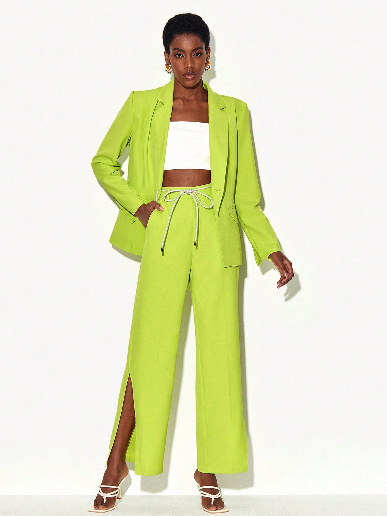 Neon Lime Self Belted Split Hem Suit Pants - ShopEbonyMonique