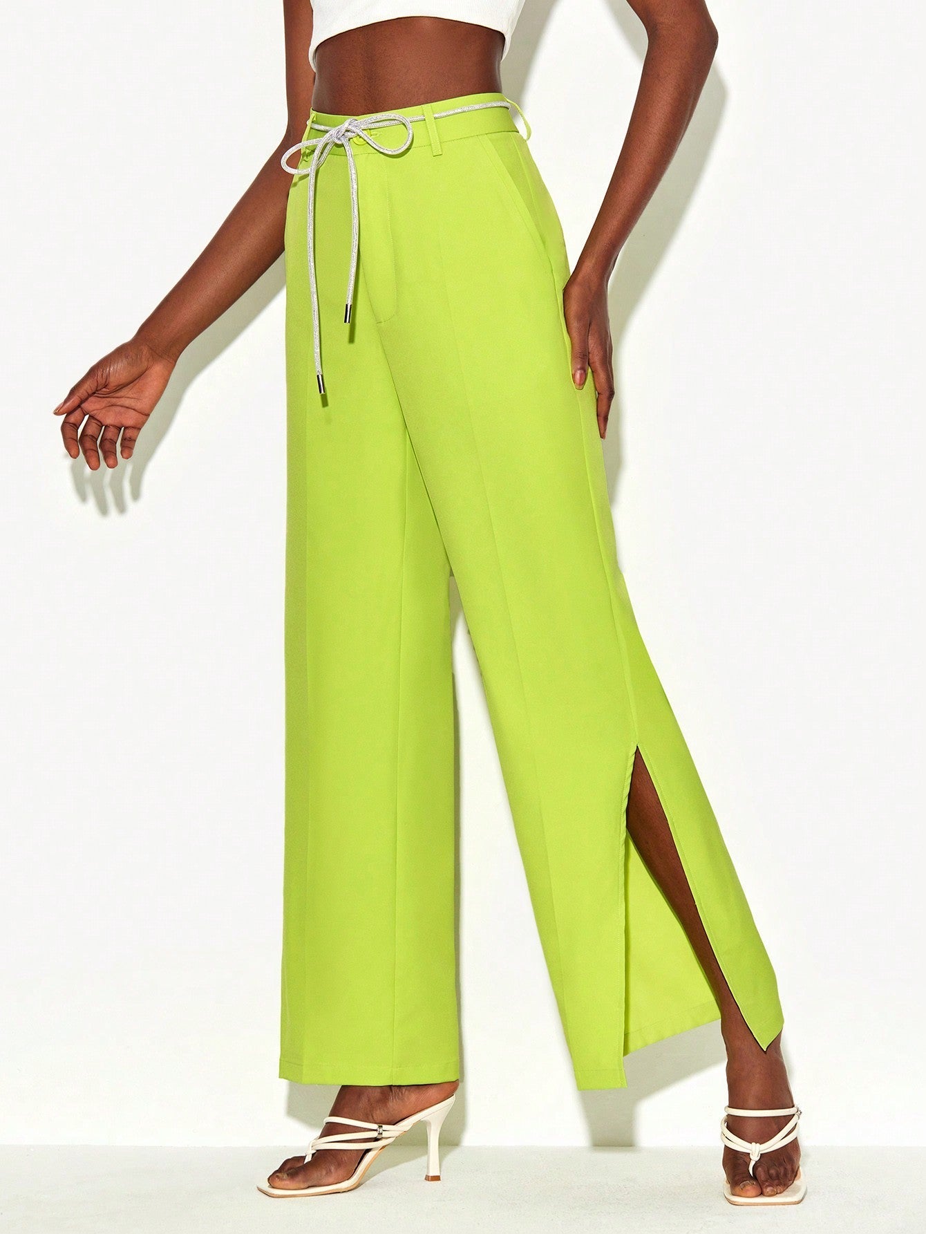 Neon Lime Self Belted Split Hem Suit Pants - ShopEbonyMonique