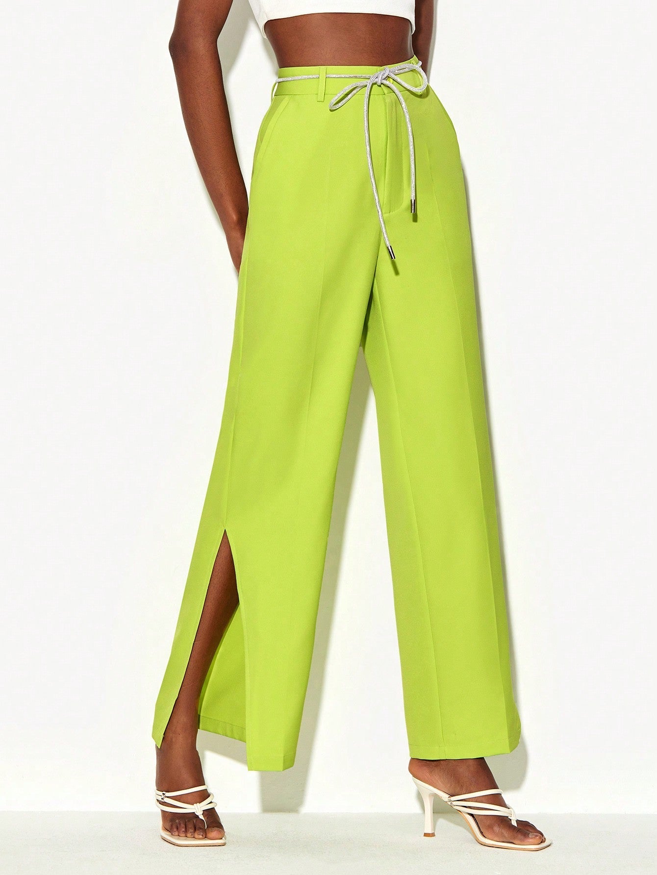 Neon Lime Self Belted Split Hem Suit Pants - ShopEbonyMonique