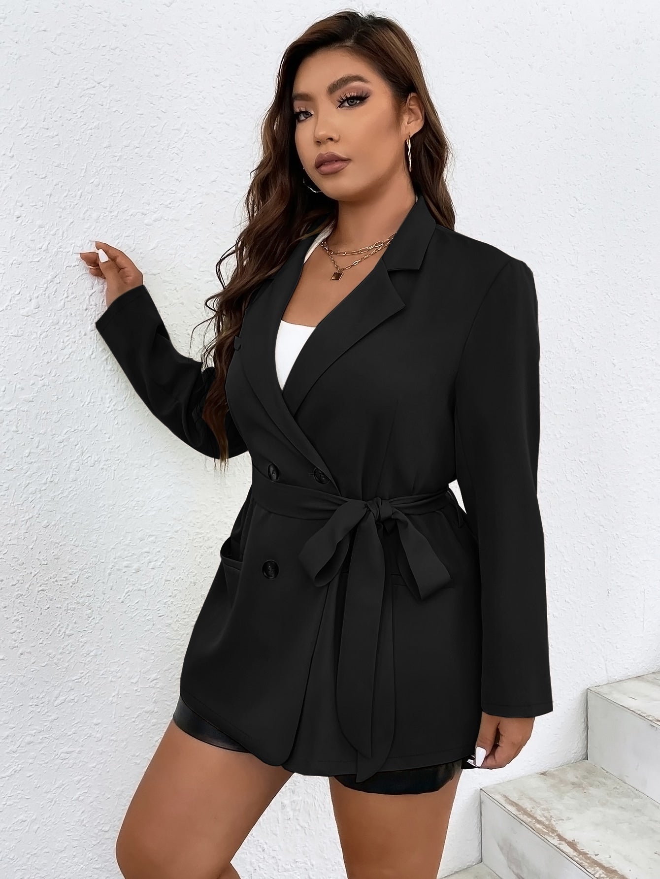Plus Double Breasted Belted Blazer - ShopEbonyMonique