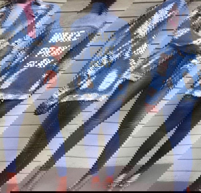 Pray Frayed Ripped Denim Jackets - ShopEbonyMonique