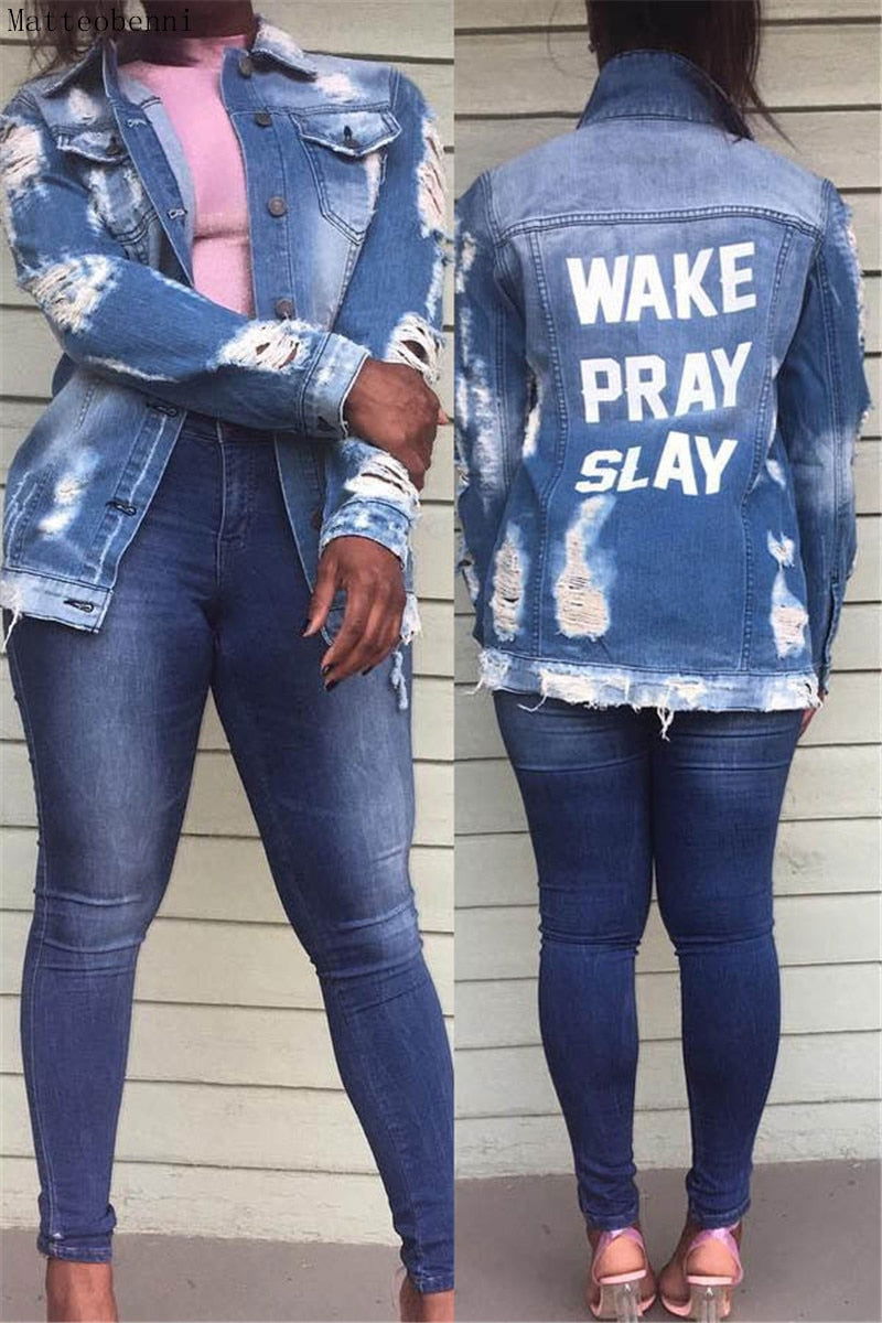 Pray Frayed Ripped Denim Jackets - ShopEbonyMonique