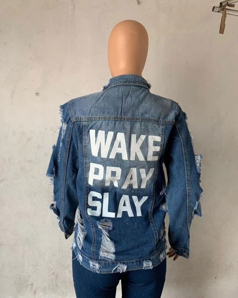 Pray Frayed Ripped Denim Jackets - ShopEbonyMonique