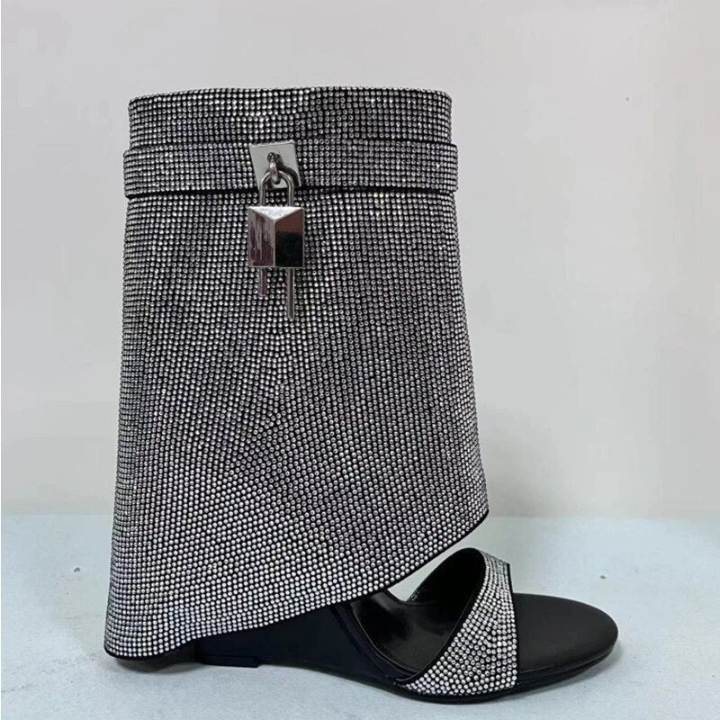 Rhinestones Lock Open Toe Boots - ShopEbonyMonique