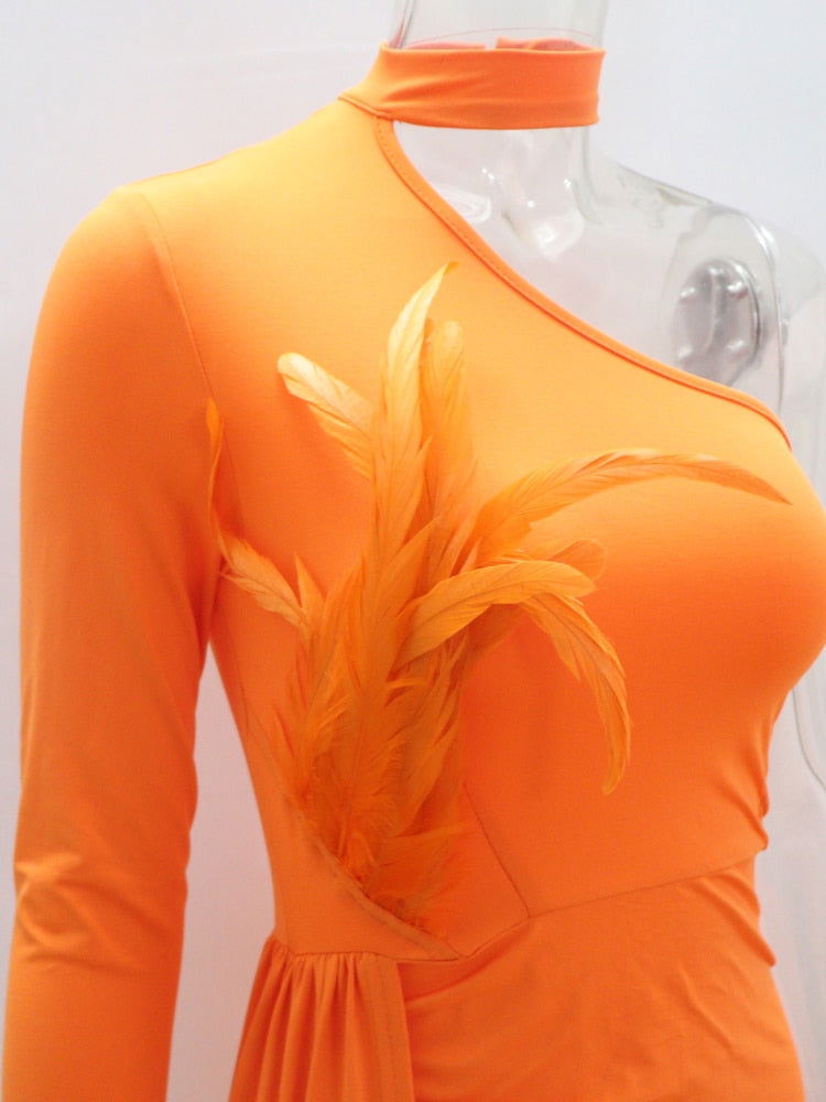 Single Shoulder Feather Mini Dress - ShopEbonyMonique