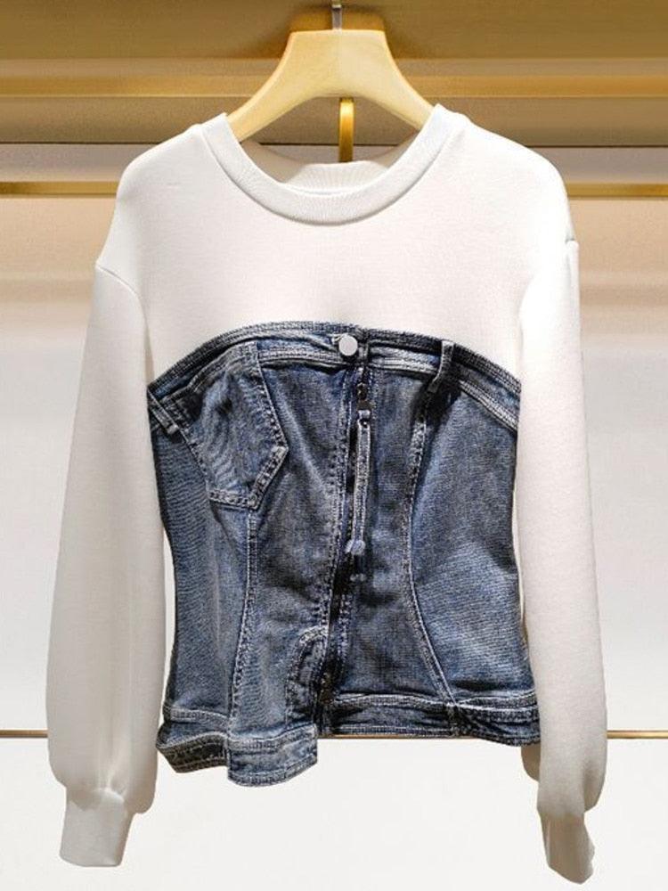Split Denim Sweatshirt Top - ShopEbonyMonique