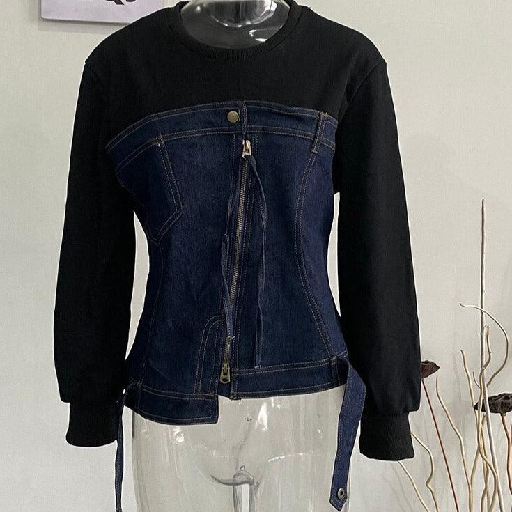 Split Denim Sweatshirt Top - ShopEbonyMonique