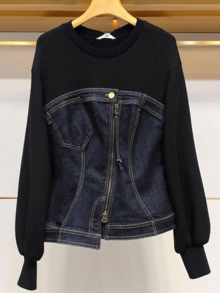 Split Denim Sweatshirt Top - ShopEbonyMonique