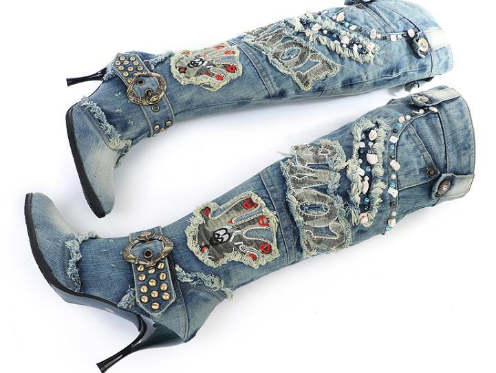 Studded Blue Denim Boots - ShopEbonyMonique