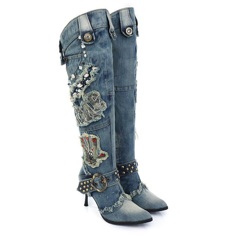 Studded Blue Denim Boots - ShopEbonyMonique