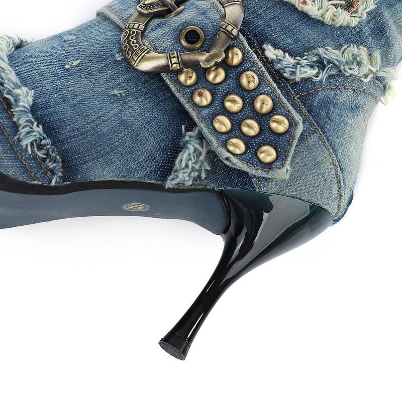Studded Blue Denim Boots - ShopEbonyMonique