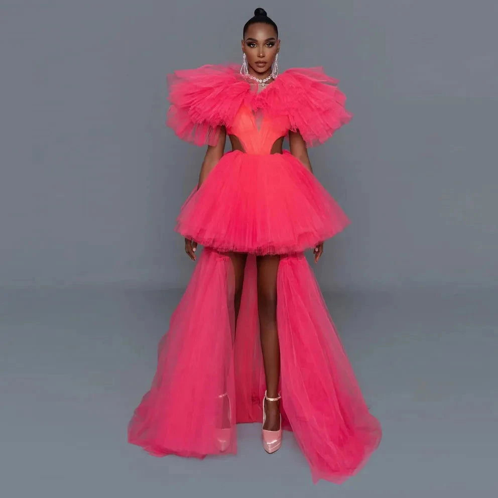 Trendy High Low Long Maxi Tulle Dress With Detachable Train - ShopEbonyMonique