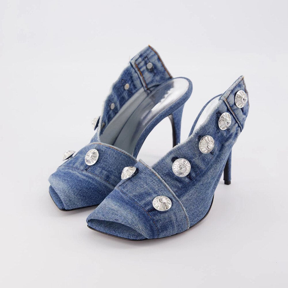 Vintage Denim Slim High Heel Button Sandals - ShopEbonyMonique