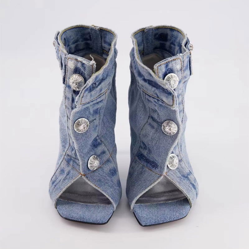 Vintage Denim Slim High Heel Button Sandals - ShopEbonyMonique