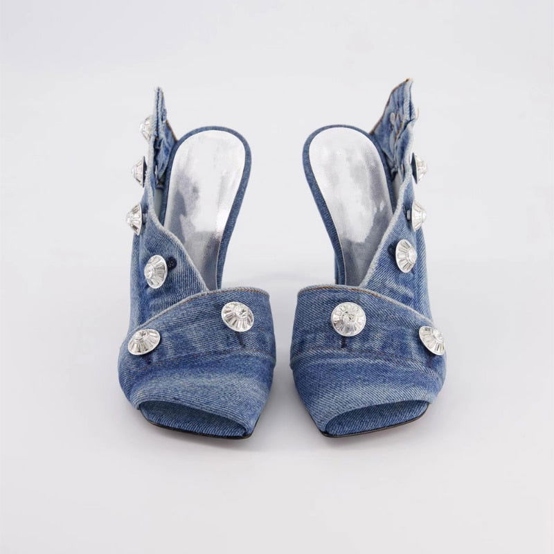 Vintage Denim Slim High Heel Button Sandals - ShopEbonyMonique