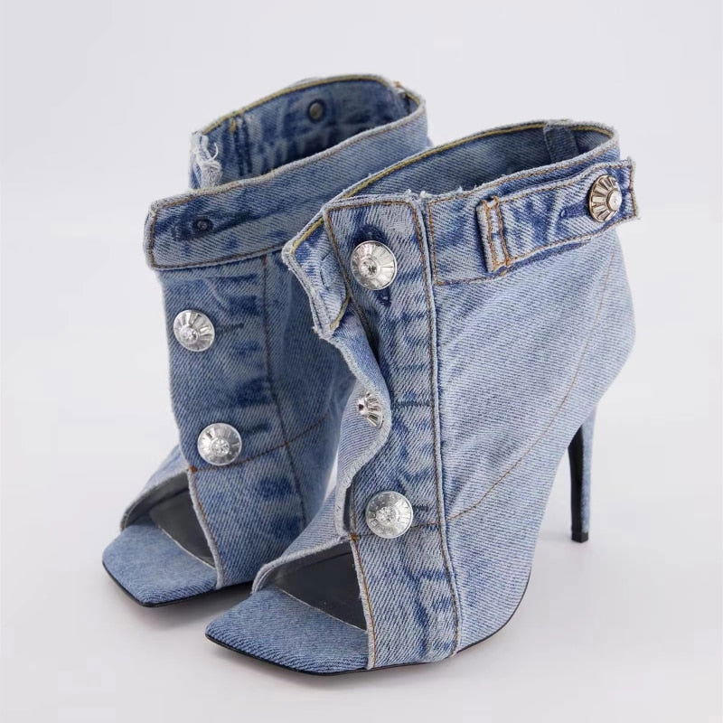 Vintage Denim Slim High Heel Button Sandals - ShopEbonyMonique