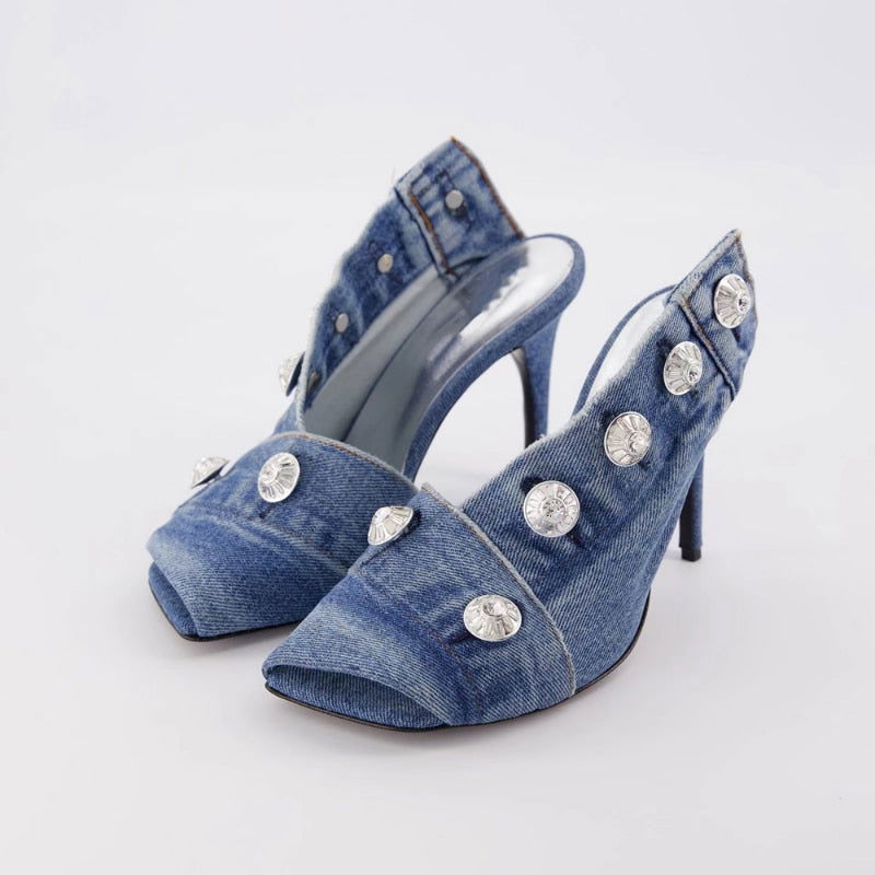 Vintage Denim Slim High Heel Button Sandals - ShopEbonyMonique