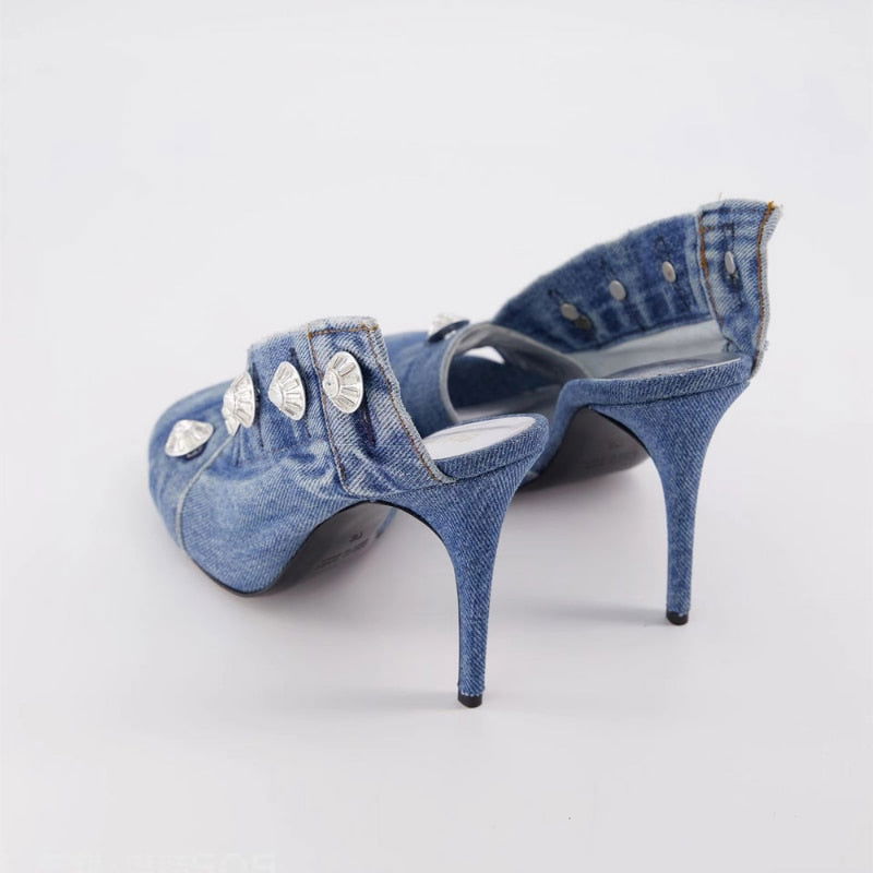 Vintage Denim Slim High Heel Button Sandals - ShopEbonyMonique