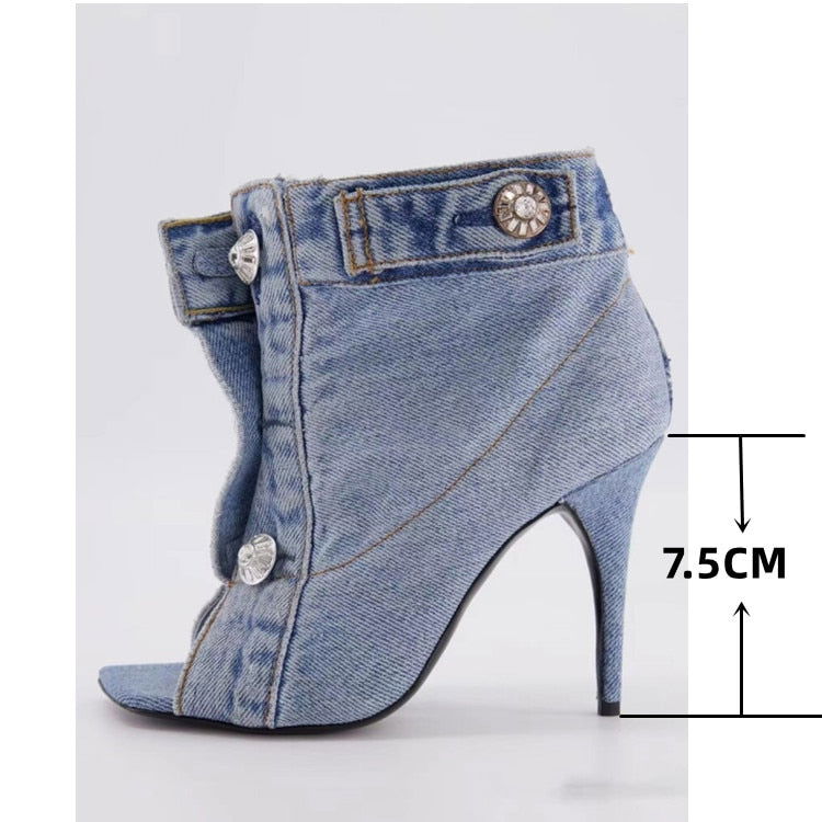 Vintage Denim Slim High Heel Button Sandals - ShopEbonyMonique