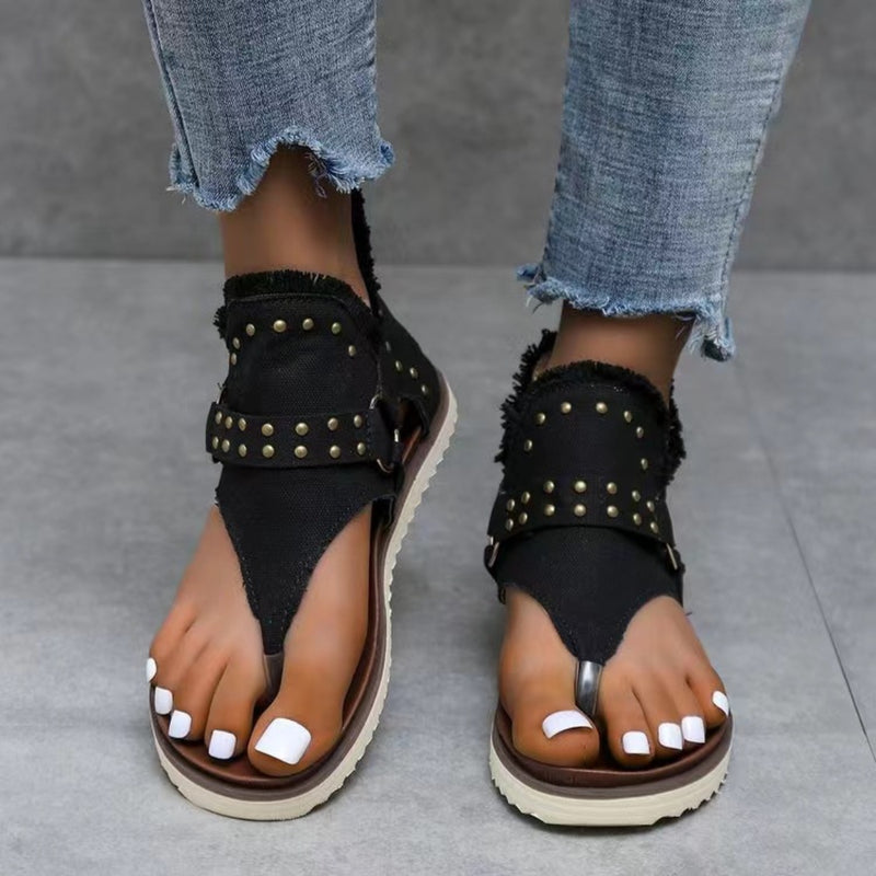 Studded Raw Hem Flat Sandals - ShopEbonyMonique