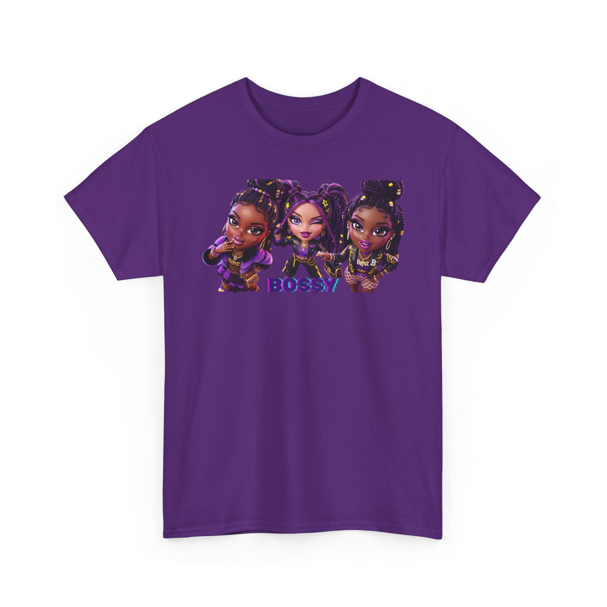 BOSSY Girl Crew Tee — Cute Purple Chibi Trio Graphic T‑Shirt