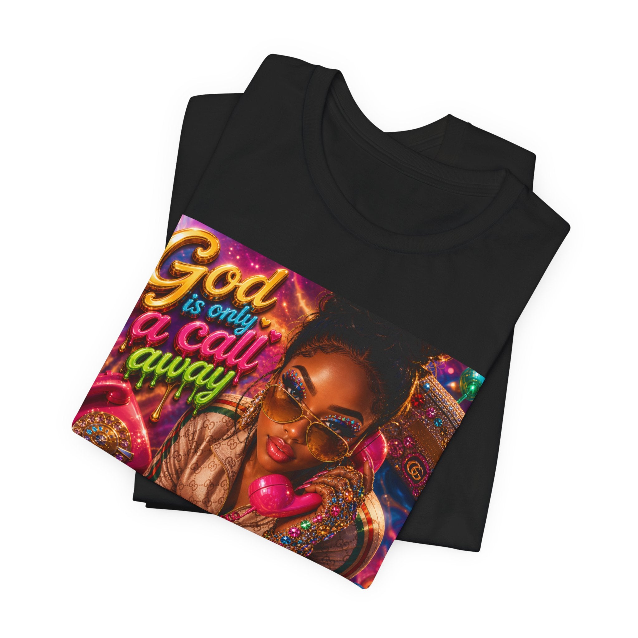 T-Shirt — "God Is Only a Call Away" Colorful Retro Gospel Tee