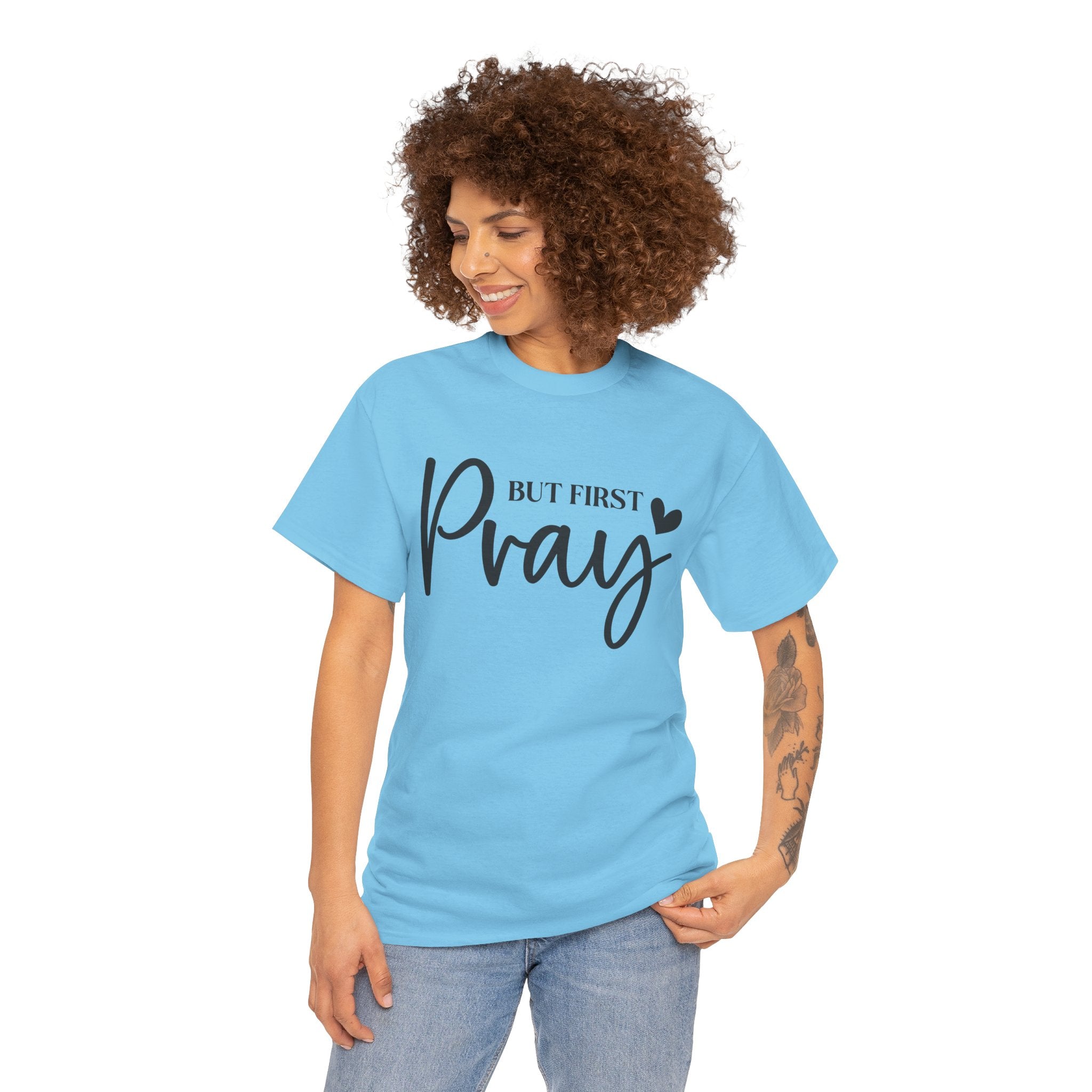 Unisex Heavy Cotton Tee with 'But First Pray' Design, Inspirational Christian Shirt, Faith-Based Gift, Perfect for Prayer Groups, [...]