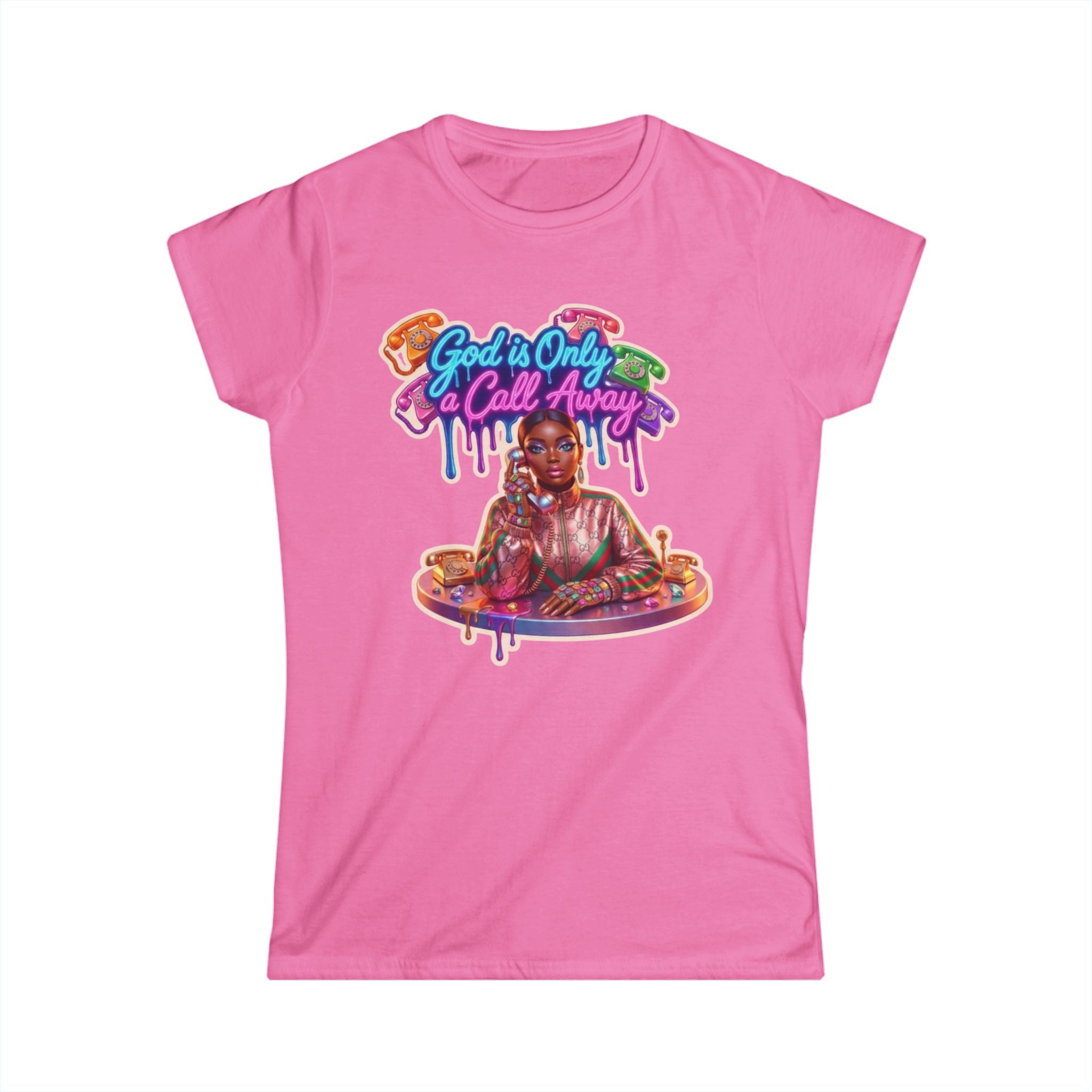 Women's Tee — 'God Is Only a Call Away' Colorful Retro Devotional Graphic