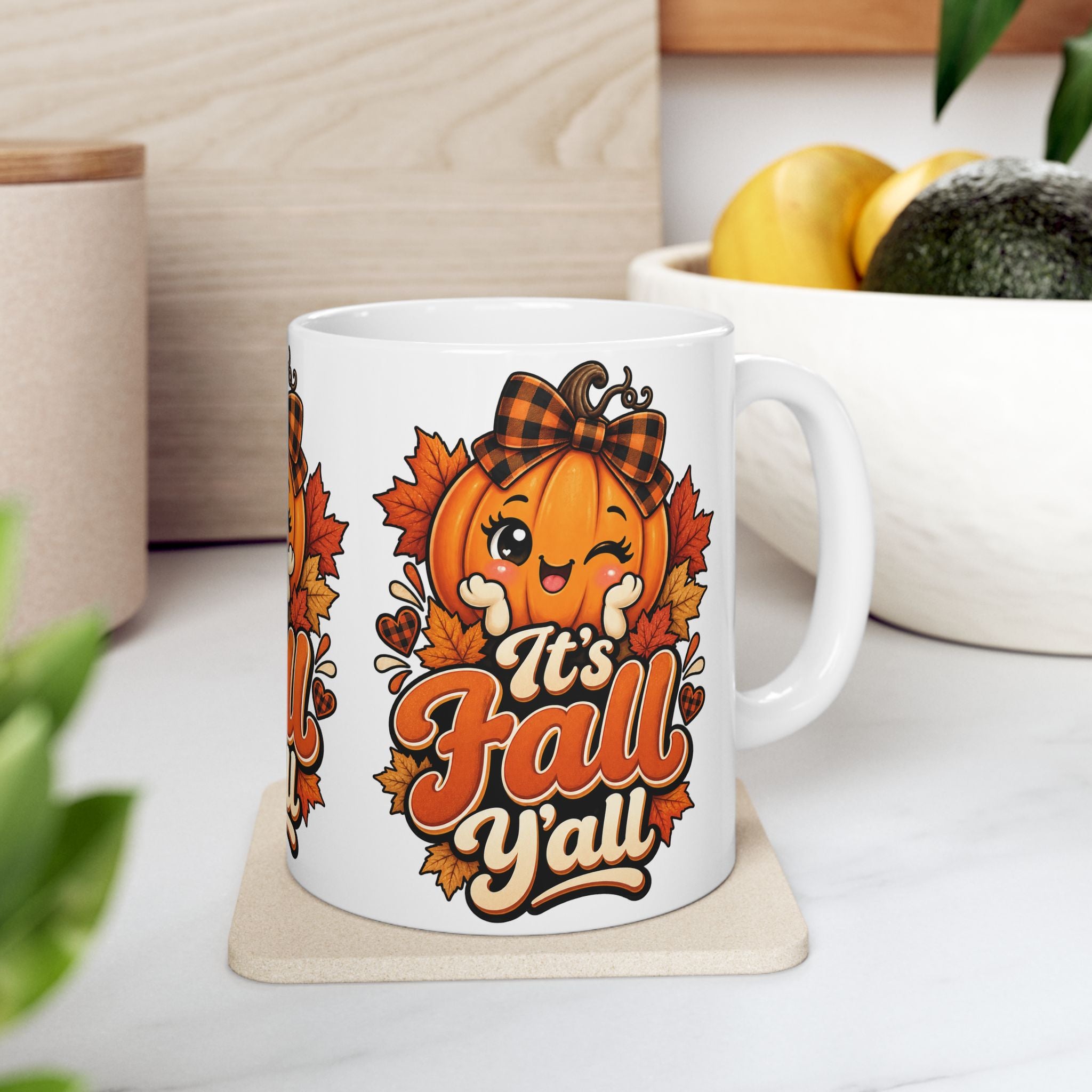It's Fall Y'all Ceramic Mug — Cute Pumpkin & Autumn Leaves 11oz/15oz