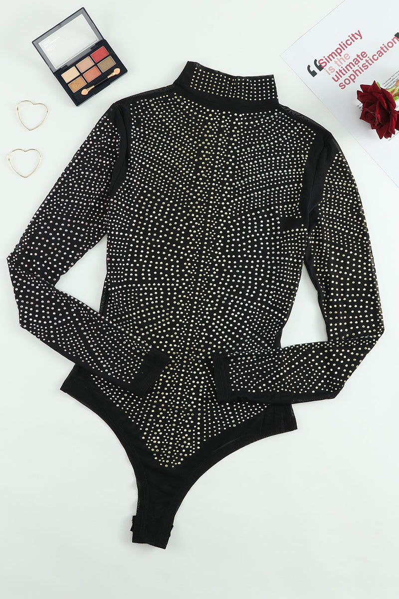 Rhinestone Mock Neck Long Sleeve Bodysuit - ShopEbonyMonique