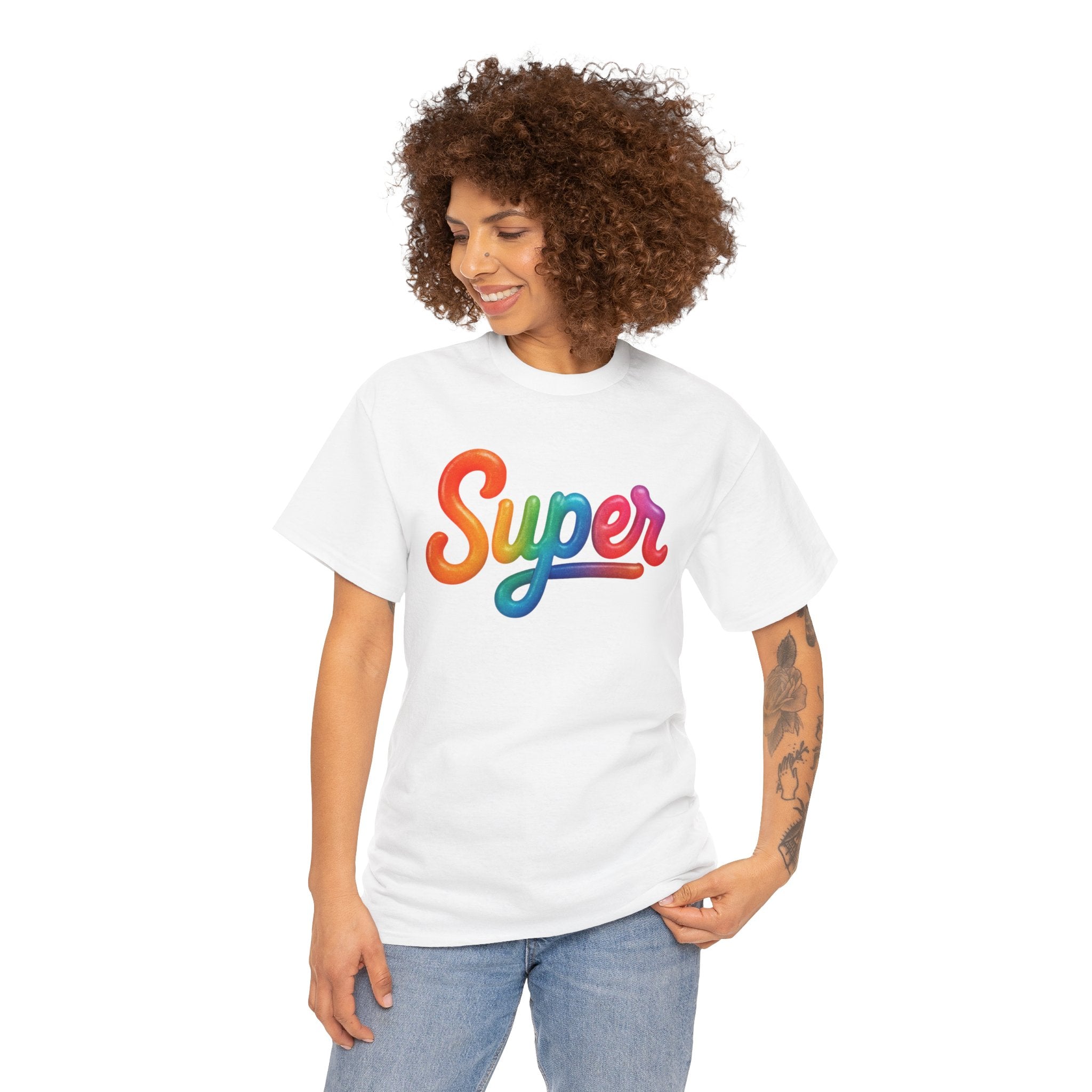 Colorful 'Super' Unisex Heavy Cotton Tee - Casual T-Shirt, Streetwear, Gift for Him/Her, Everyday Wear, Rainbow Design