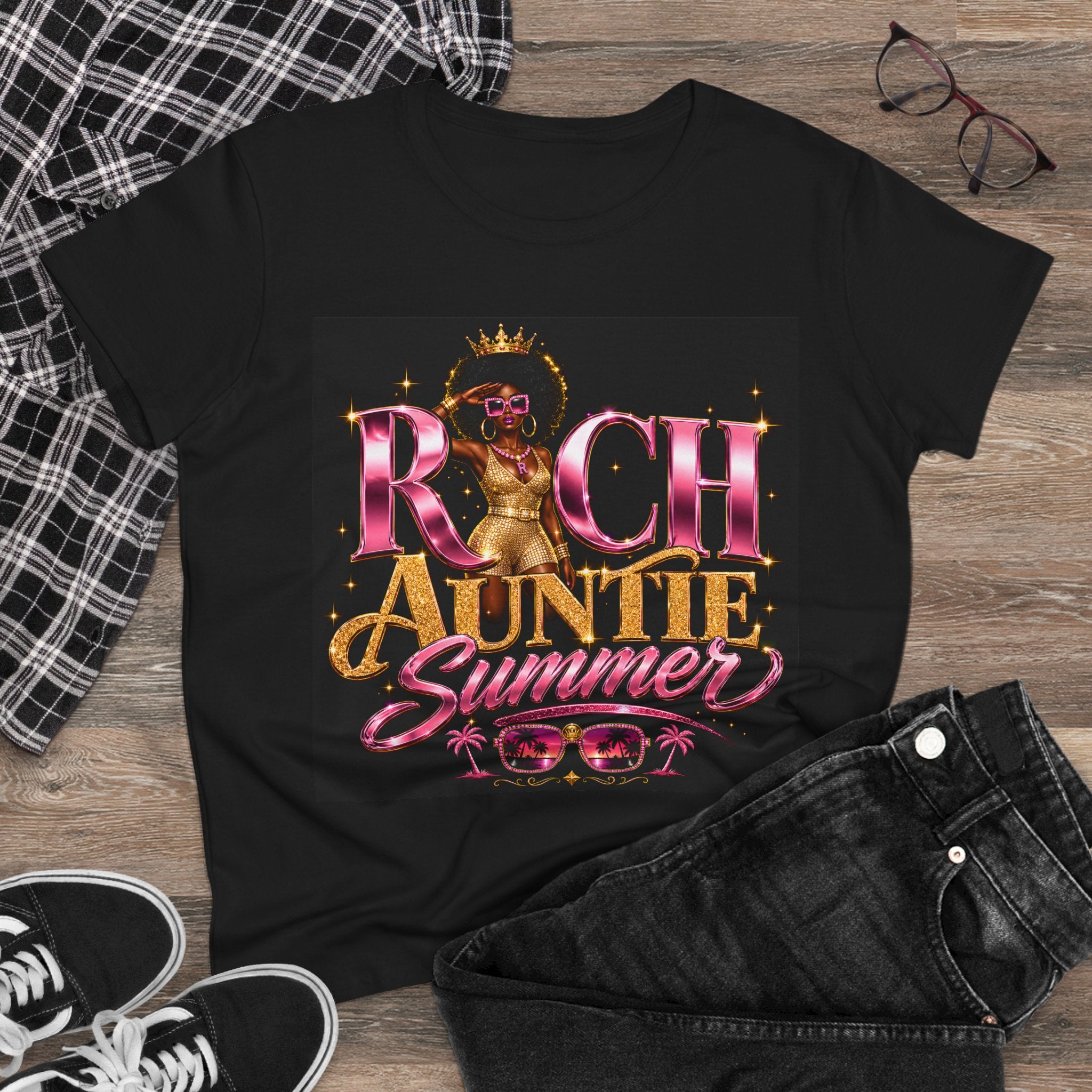 Rich Auntie Summer T-Shirt — "Rich in Peace, Purpose, Vibes" Women's Cotton Tee