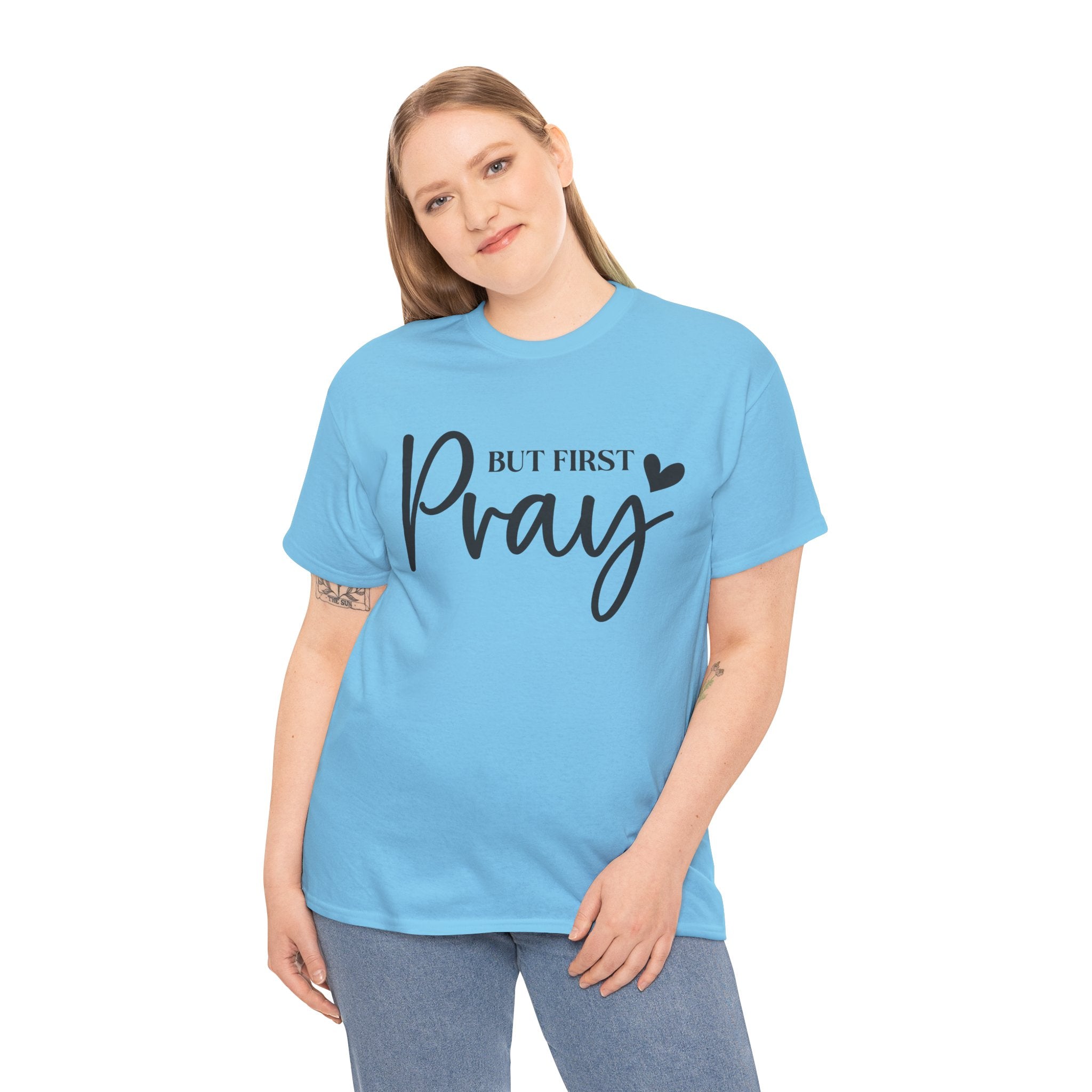 Unisex Heavy Cotton Tee with 'But First Pray' Design, Inspirational Christian Shirt, Faith-Based Gift, Perfect for Prayer Groups, [...]