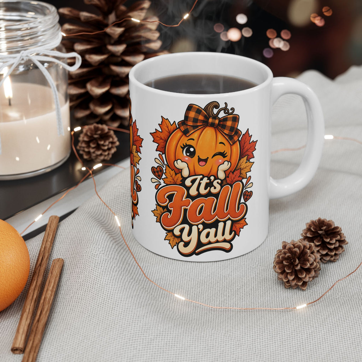 It's Fall Y'all Ceramic Mug — Cute Pumpkin & Autumn Leaves 11oz/15oz