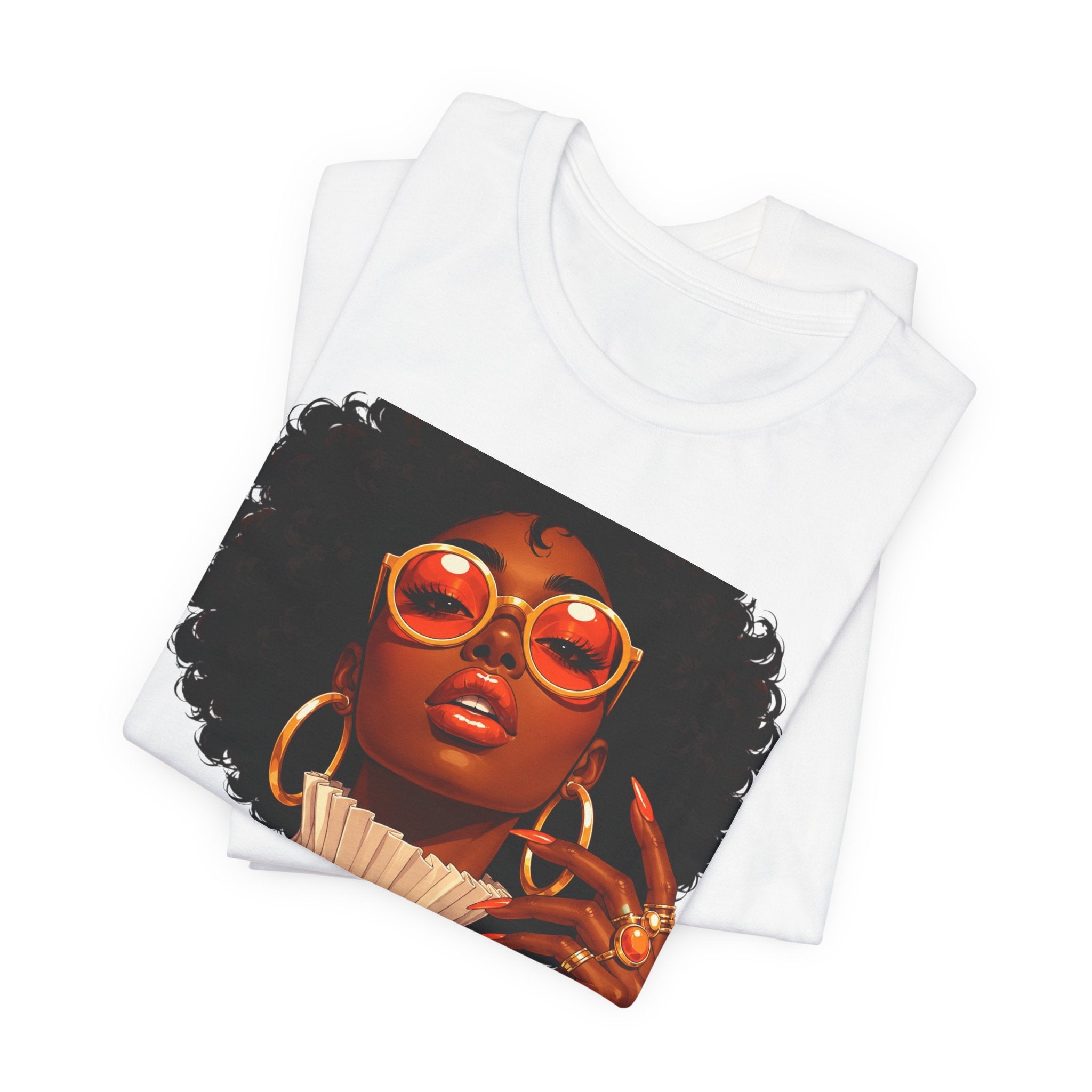 Afro Chic Portrait Tee — Retro Orange Sunglasses Art T-Shirt