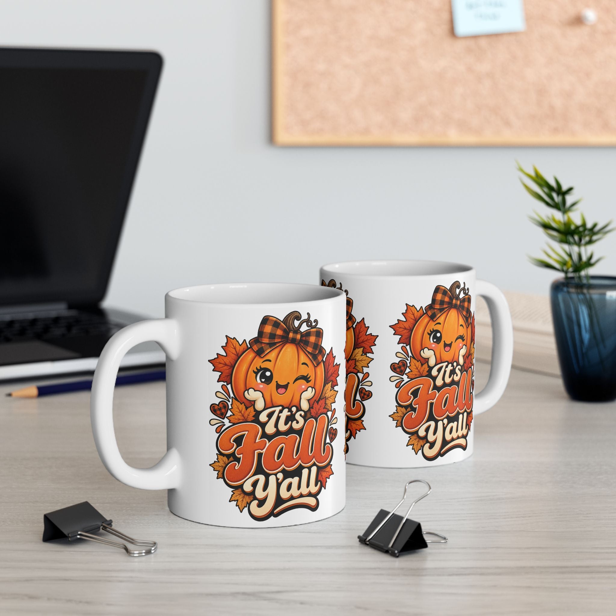 It's Fall Y'all Ceramic Mug — Cute Pumpkin & Autumn Leaves 11oz/15oz