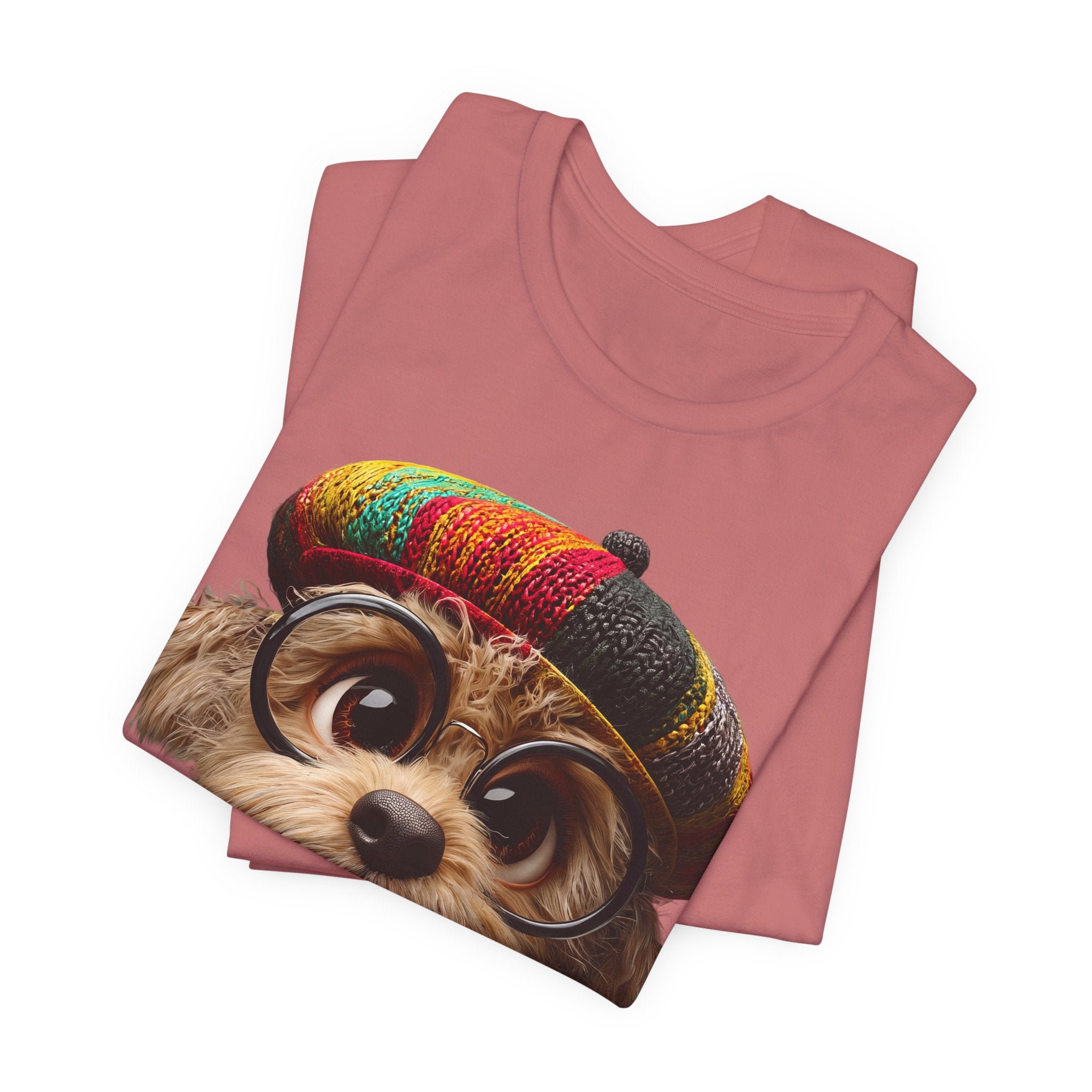Cute Dog Graphic Tee — Rasta Hat Puppy Portrait T-Shirt