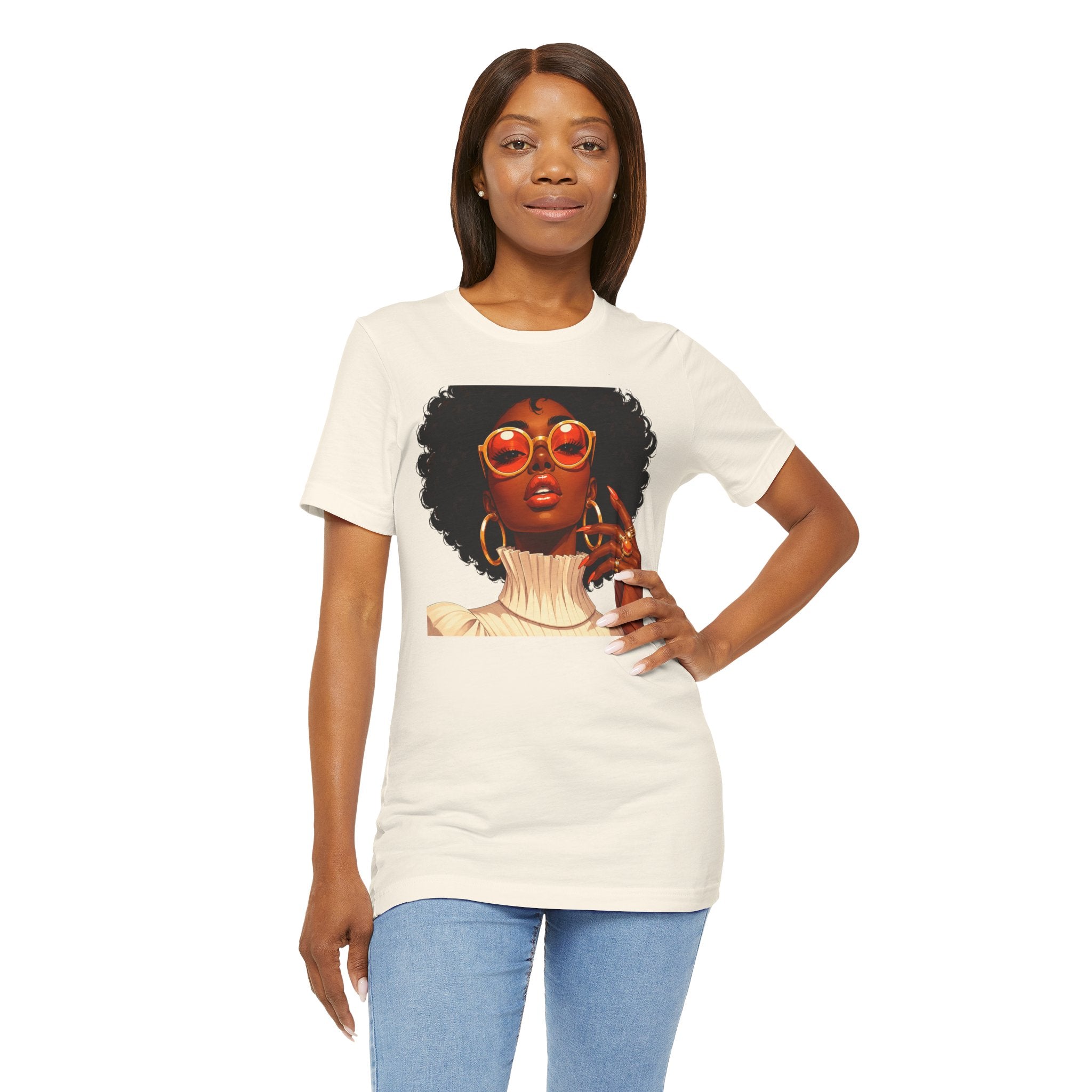 Afro Chic Portrait Tee — Retro Orange Sunglasses Art T-Shirt