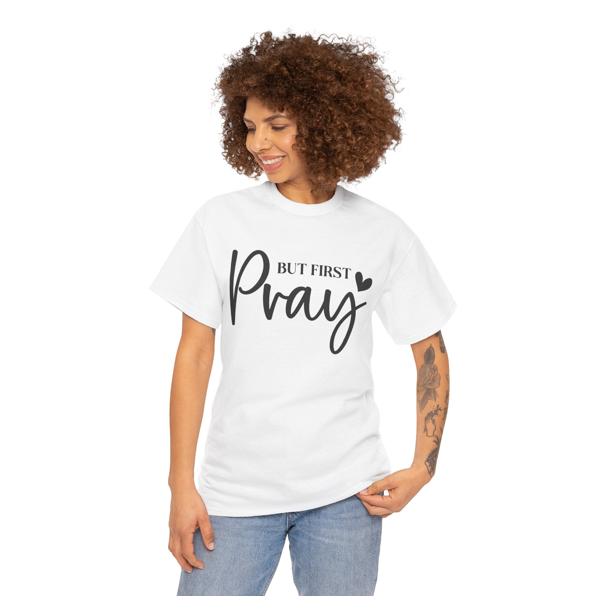 Unisex Heavy Cotton Tee with 'But First Pray' Design, Inspirational Christian Shirt, Faith-Based Gift, Perfect for Prayer Groups, [...]