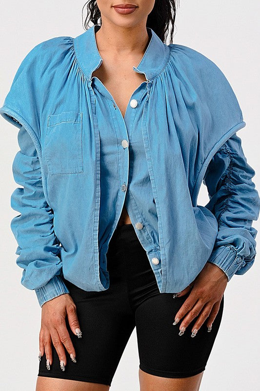 PUFF SHOULDER CASUAL DOUBLE LAYER SLEEVE JACKET - ShopEbonyMonique